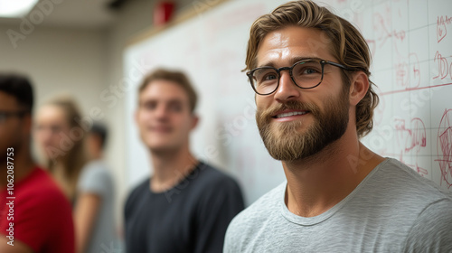 Confident Leader: A charismatic man with a beard and glasses smiles warmly, standing out from a blurred background of colleagues. A portrait that exudes leadership, trust, and approachability. 