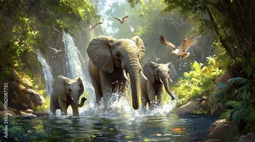 Three Elephants Wading Through a Lush Tropical River