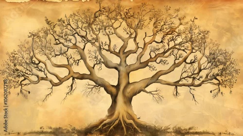 Ancient Roots: A genealogy tree adorned with faded parchment and delicate ink, showcasing the intricate branches and ancestors of a noble family