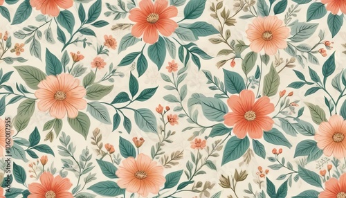 Floral Delight: A whimsical and enchanting floral pattern features vibrant coral blooms, delicate green leaves, and intricate details on a soft beige background.