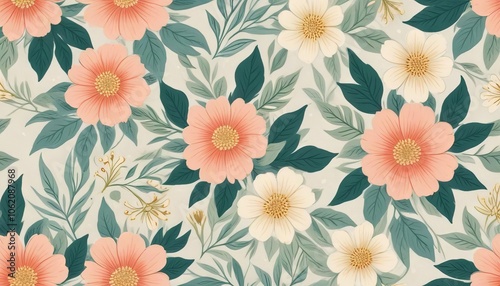 Wallpaper Mural Floral Tapestry: An intricate, seamless pattern of vibrant pink and white flowers nestled amongst lush green foliage, creating a beautiful and calming floral tapestry. Torontodigital.ca