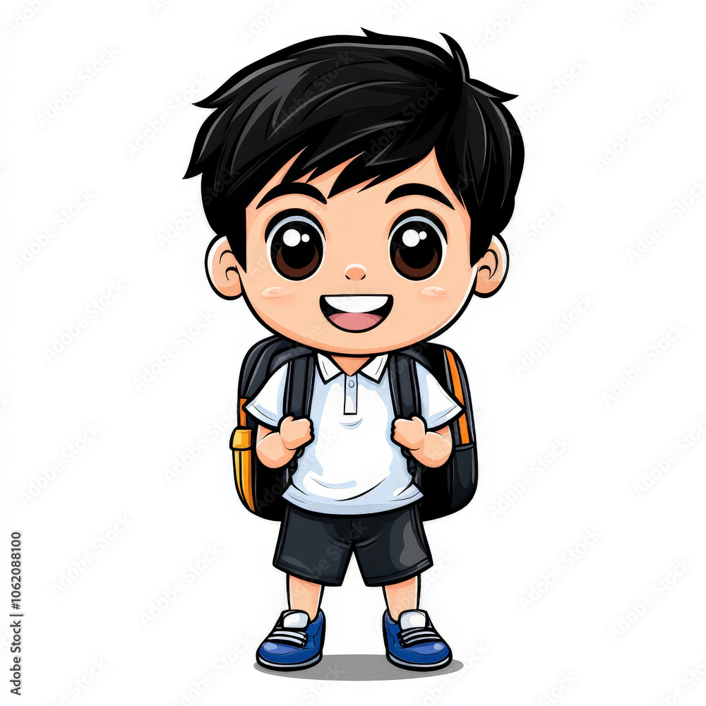 Cute Cartoon Child with Backpack in School Outfit Cute Cartoon Child with Backpack in School Outfit