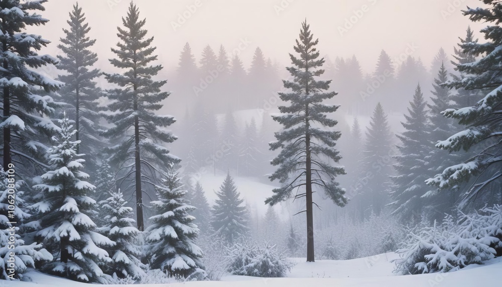 Fototapeta premium Winter Wonderland: A serene winter scene unfolds with snow-laden pine trees standing tall against a misty backdrop, evoking a sense of peace and tranquility. The soft.