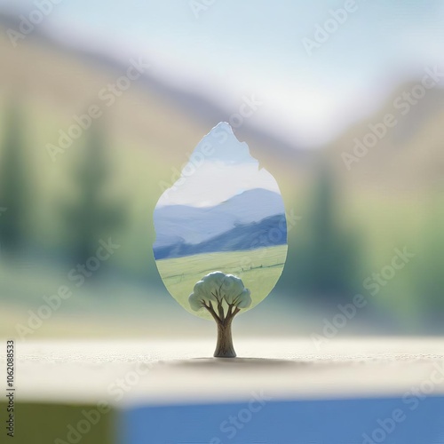 Miniature Tree with Landscape Window: A tiny, meticulously crafted tree stands on a smooth surface, its trunk forming a frame for a miniature landscape of rolling hills, a verdant valley.