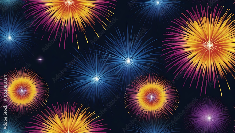 a vibrant cityscape photograph featuring a nighttime skyline with a series of large, colorful fireworks exploding in the sky. The fireworks display a range of colors, a vibrant cityscape photograph featuring a nighttime skyline with a series of large, colorful fireworks exploding in the sky. The fireworks display a range of colors,