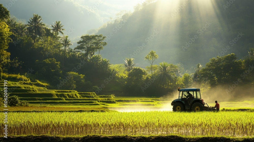 Fototapeta premium Farmer Preparing Soil in Paddy Field with Tractor