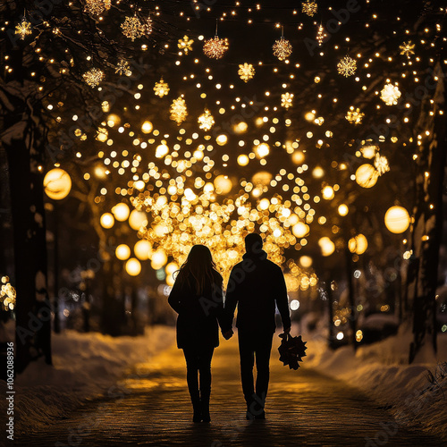 couple walks hand in hand under canopy of glowing lights, creating romantic and festive atmosphere on snowy evening. path is illuminated by warm, twinkling decorations