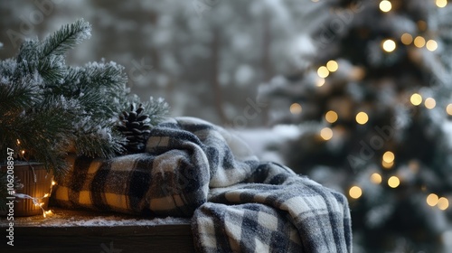 Elegant winter backdrop with snow-dusted pine branches, warm fairy lights, and cozy flannel blankets set on a wooden table; designed to frame a product display with a holiday touch