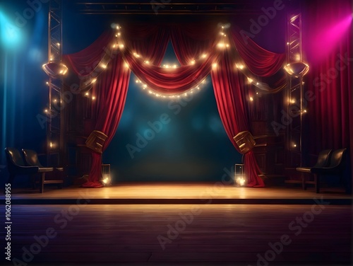 An empty theater stage with elegant red curtains and stairs