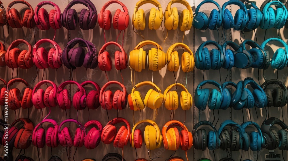 Artistic display of assorted headphones on wall, vibrant colors in a neat arrangement Artistic display of assorted headphones on wall, vibrant colors in a neat arrangement