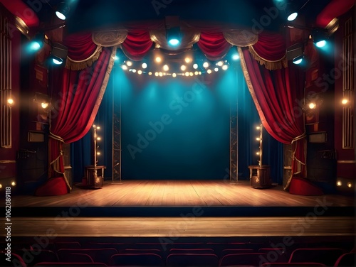 An empty theater stage with elegant red curtains and stairs