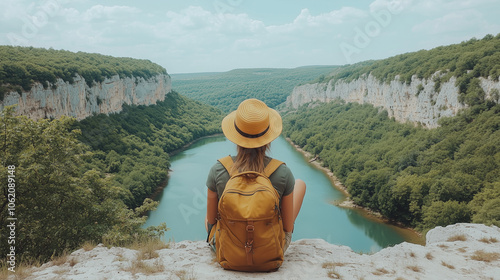 Serene Vista: Woman Traveler Contemplates Breathtaking Canyon Landscape photo