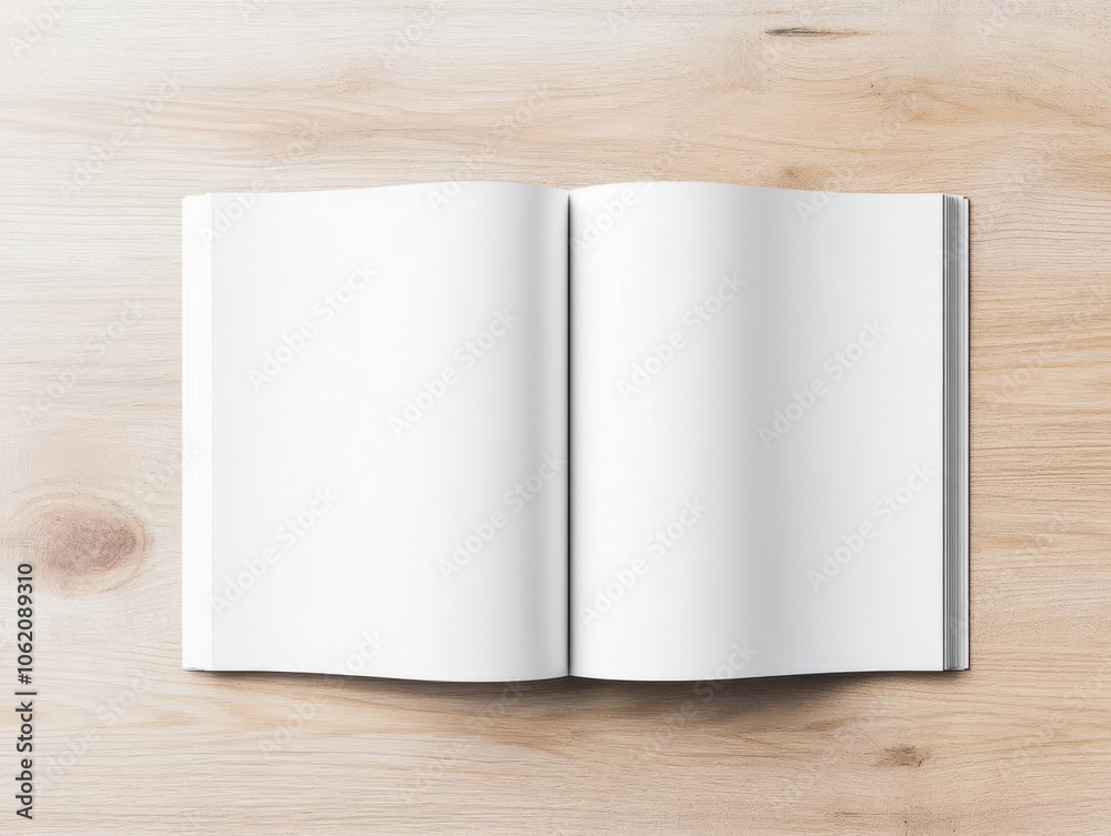 Minimalist open magazine mockup with blank pages, placed on wooden surface, open magazine wood surface Minimalist open magazine mockup with blank pages, placed on wooden surface, open magazine wood surface