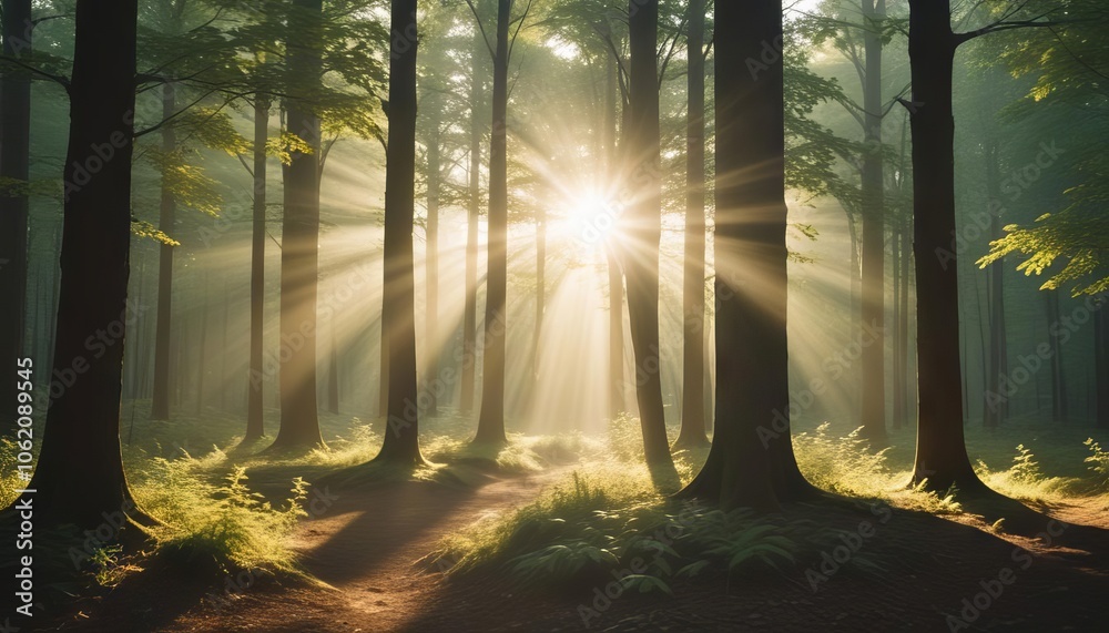 Naklejka premium Sunbeams Through the Trees: A mesmerizing vista of sunbeams piercing through the dense foliage of a misty forest, illuminating the forest floor in a ethereal glow.