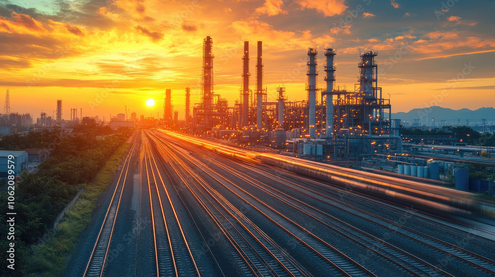 The sun sets behind tall smokestacks and rail tracks, casting a warm glow over an industrial area filled with activity and machinery The sun sets behind tall smokestacks and rail tracks, casting a warm glow over an industrial area filled with activity and machinery