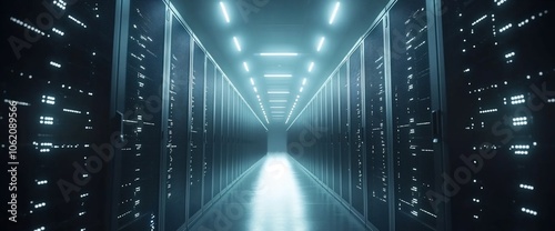 A long hallway in a server room with rows of black server racks, illuminated by fluorescent lights.