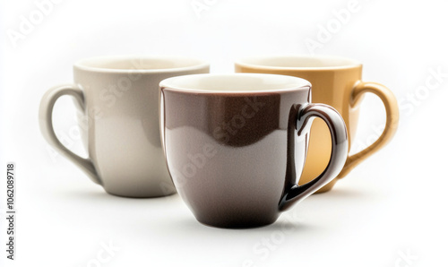 Three ceramic coffee mugs in different colors on a white background