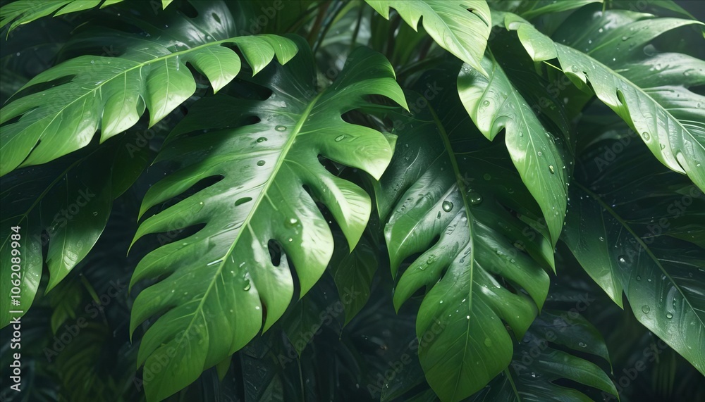 Fototapeta premium Tropical Leaf Texture: Lush green leaves with a distinctive, textured pattern, shimmering with dew drops, create a vibrant and captivating backdrop for your designs.