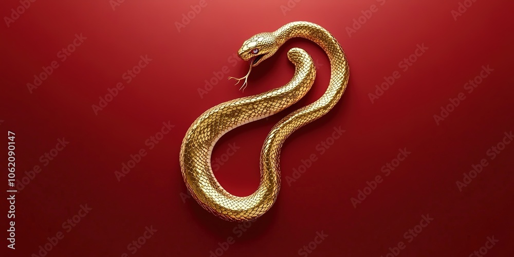 Obraz premium Creative Abstract Marketing Background Featuring a Red Base with a Golden Snake Design, Embodying the Festive Spirit of the Chinese New Year. This Elegant and Detailed Gold Foil Relief Pattern Represe