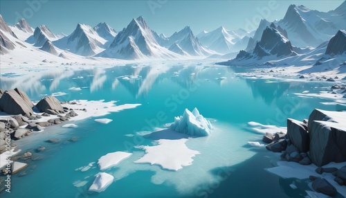 Frozen Serenity:  A breathtaking vista of a pristine glacial lake nestled amidst snow-capped peaks, the icy water reflecting the azure sky, capturing the stillness and beauty of an arctic landscape.  photo