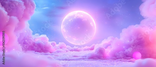 A pink moon is in the sky above a pink cloud