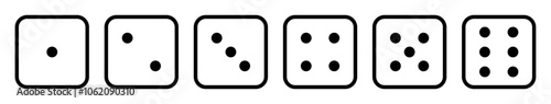 Game dice vector icon set outline style. game dice sign symbol. Dice game vector icon set in black color isolated on white background. Dice in a flat design from one to six. Vector illustration.