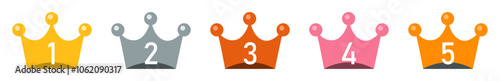 Crown vector icon set of different color. Crown ranking set isolated. 1st to 5th place set of crowns ranking vector illustration. Flat style.