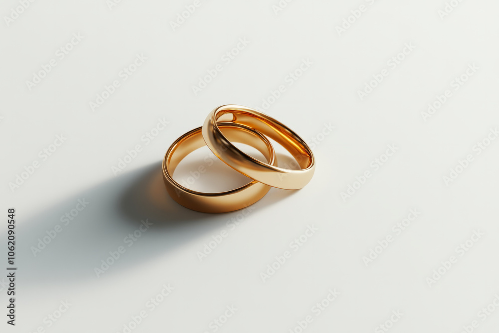 Two simple gold wedding bands resting on a light surface with shadows Two simple gold wedding bands resting on a light surface with shadows