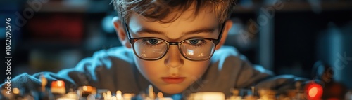 A young boy in glasses intensely focused on working with circuits in a creative electronics project