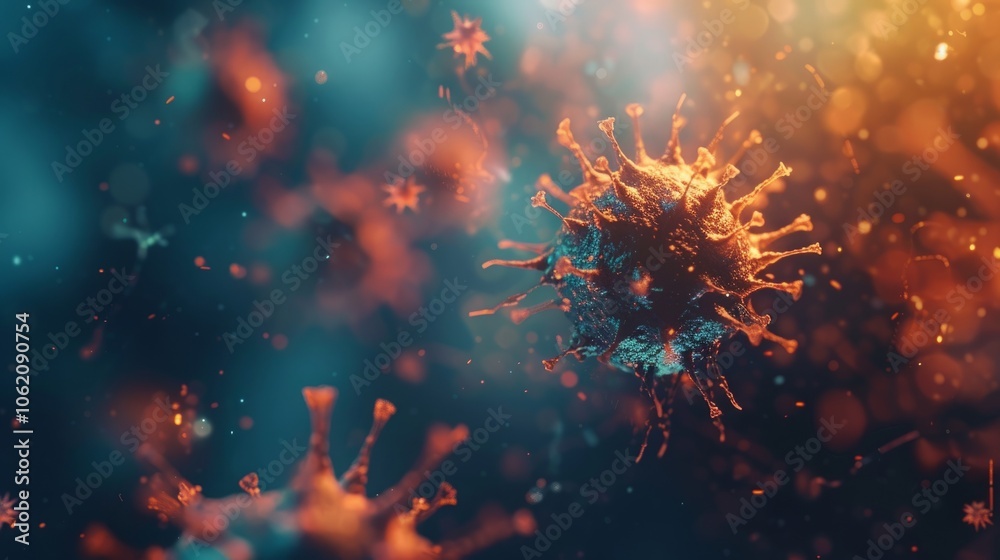 Fototapeta premium A close-up, 3D rendering of a virus particle, showing the complex structure of the pathogen. The image is illuminated with a soft, warm light, creating a sense of unease.