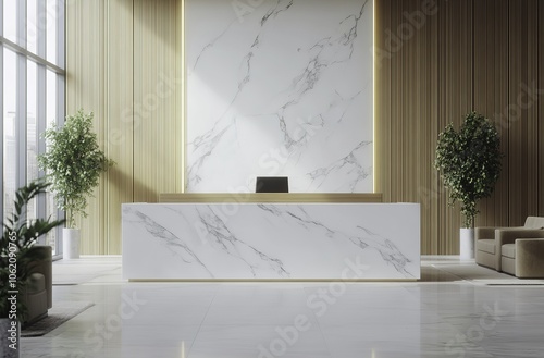 Sleek modern reception area showcasing a white marble counter