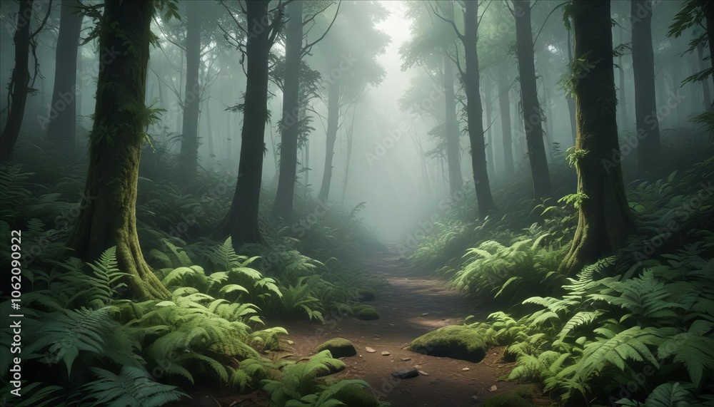 Obraz premium Misty Forest Path: A sunbeam pierces the dense fog of an enchanting forest, illuminating a mysterious path lined with lush ferns and ancient trees. The scene evokes a sense of serenity and wonder.