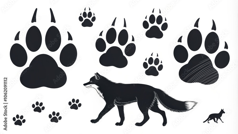 Black fox silhouette walking and paw prints set isolated on white background, vector illustration Black fox silhouette walking and paw prints set isolated on white background, vector illustration