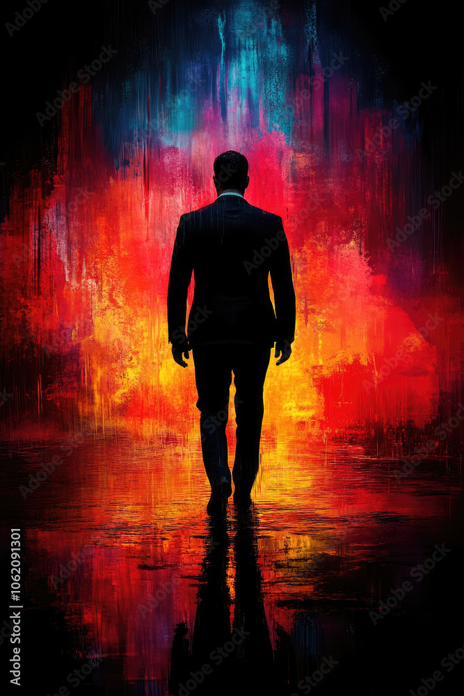 A person in a suit walks confidently towards a vivid, abstract backdrop of red, orange, and blue hues, reflecting a mix of light and energy A person in a suit walks confidently towards a vivid, abstract backdrop of red, orange, and blue hues, reflecting a mix of light and energy
