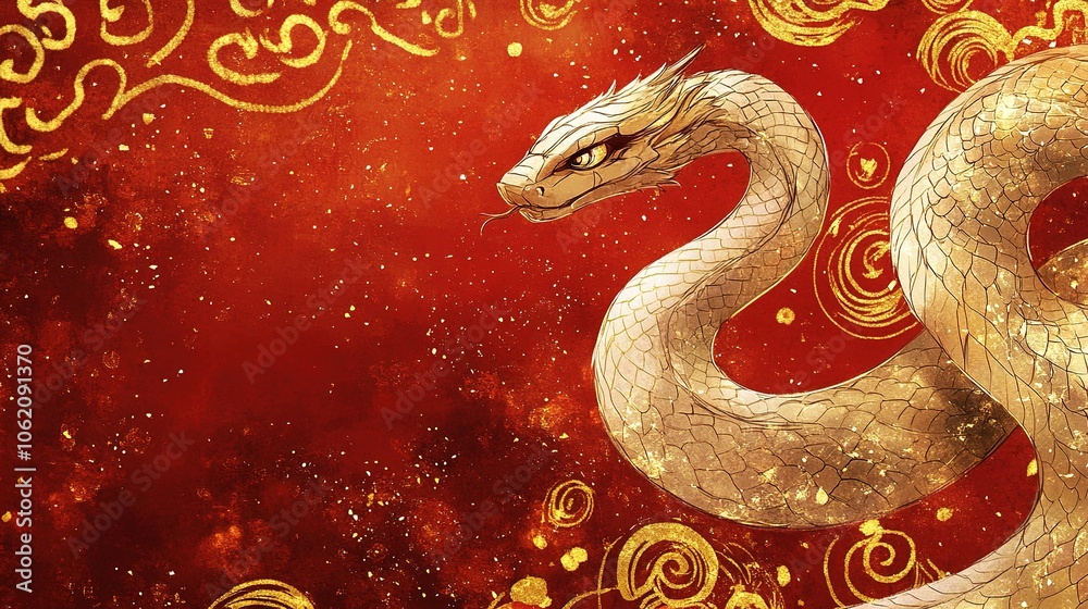 Obraz premium Creative Abstract Marketing Background Featuring a Red Base with a Golden Snake Design, Embodying the Festive Spirit of the Chinese New Year. This Elegant and Detailed Gold Foil Relief Pattern Represe