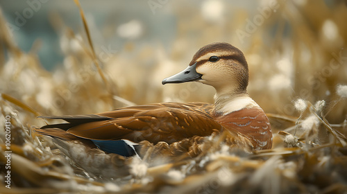 In the Calm: A Close-Up View of a Fulvous Whistling Duck Among the Reeds photo