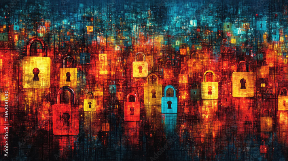 A vivid abstract representation of digital locks in various colors, symbolizing data protection and cybersecurity in a tech-focused environment A vivid abstract representation of digital locks in various colors, symbolizing data protection and cybersecurity in a tech-focused environment