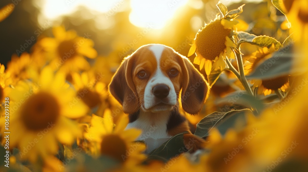 Beagle in Sunflower Field. Beagle in Sunflower Field.