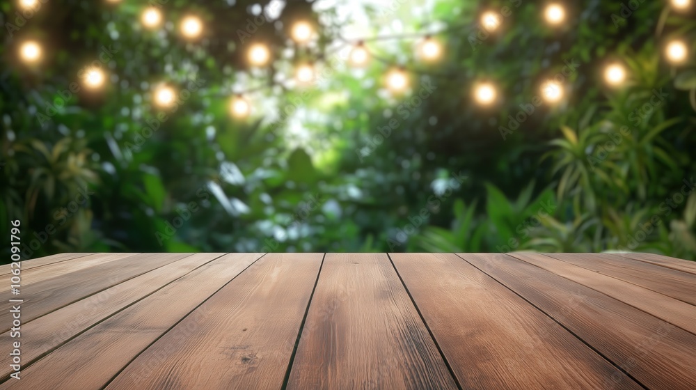 Enchanted Garden Wooden Deck with String Lights and Green Backdrop Enchanted Garden Wooden Deck with String Lights and Green Backdrop