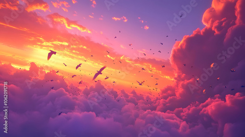 A Stunning Sight of a Flock of Tippler Pigeons Gliding Gracefully Through a Breathtaking Sunset Sky of Vivid Colors photo