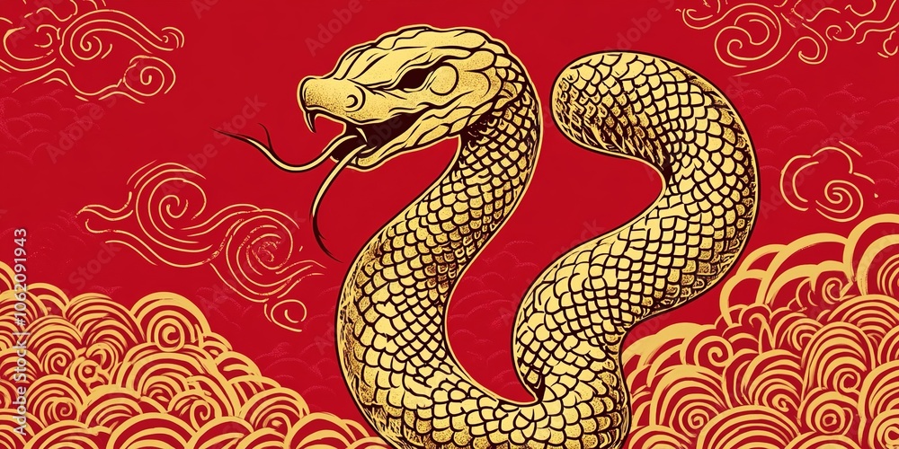 Fototapeta premium Creative Abstract Marketing Background Featuring a Red Base with a Golden Snake Design, Embodying the Festive Spirit of the Chinese New Year. This Elegant and Detailed Gold Foil Relief Pattern Represe