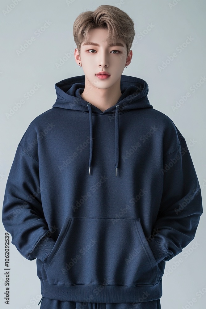 A 4K professional studio photo of a young man with short light brown hair, wearing a plain navy blue hoodie.The man is standing in a neutral pose ,generative ai A 4K professional studio photo of a young man with short light brown hair, wearing a plain navy blue hoodie.The man is standing in a neutral pose ,generative ai