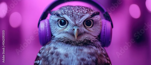 Owl wearing purple headphones, vivid purple background, sharp focus, whimsical and modern, centered composition photo