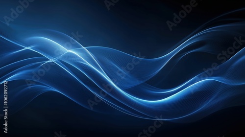 Blue light waves with glowing curves on dark background. Technology flow content