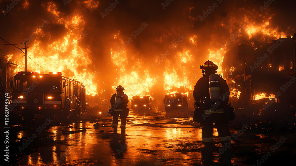 Firefighters Battling Blaze in Burning City - Realistic 3D Image Firefighters Battling Blaze in Burning City - Realistic 3D Image