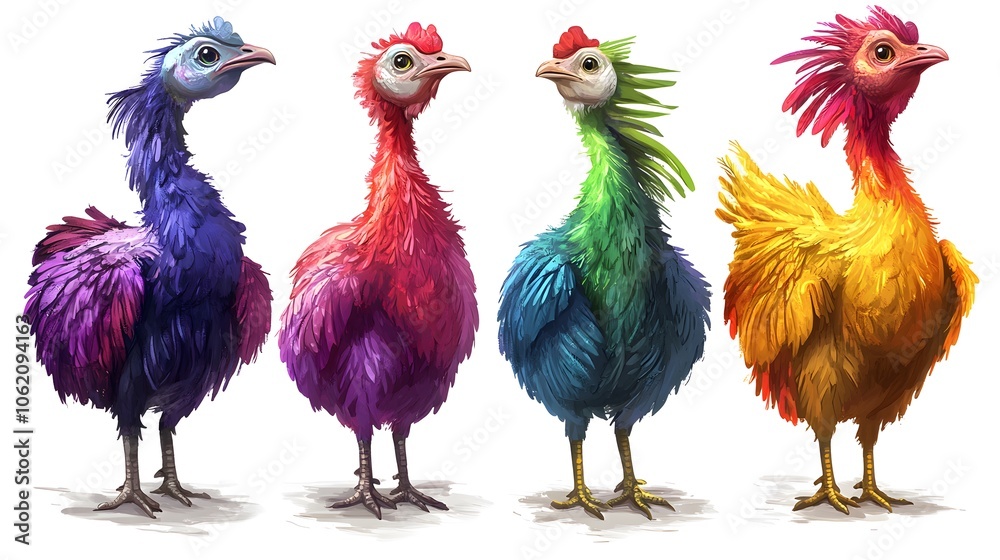 Fototapeta premium Four vibrant, colorful cartoon chickens standing proudly in a row.