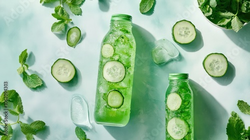 A hydrating algae-based electrolyte drink with spirulina, cucumber, and mint, providing a refreshing and revitalizing drink perfect for rehydration and supporting active lifestyles