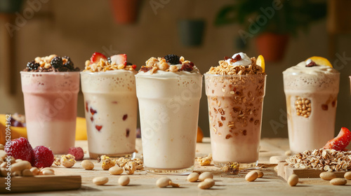 Variety of colorful smoothies with toppings displayed on a wooden table