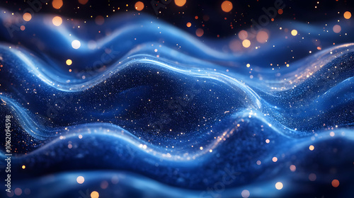 Abstract Background: Blue Wavy Surface with Glowing Lights