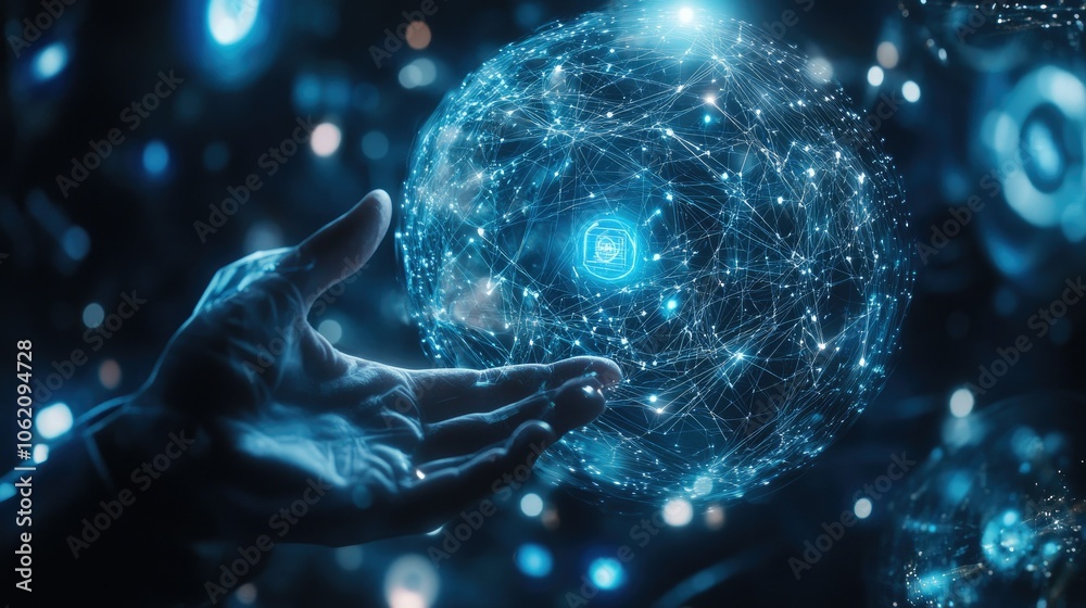 Holographic network and doctor holding healthcare technology concept, blue futuristic theme Holographic network and doctor holding healthcare technology concept, blue futuristic theme